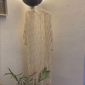 American Eagle Outfitters Cream Open-Front Fringe Duster